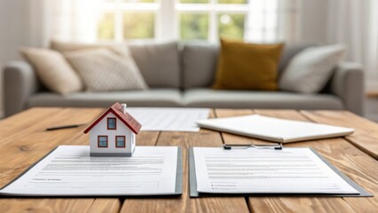 first time homebuyer loan house concept. Model house on documents in a cozy living room setting.
