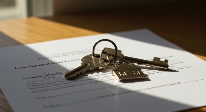 first time homebuyer loan house concept. Keys on a contract, symbolizing home ownership and real estate.