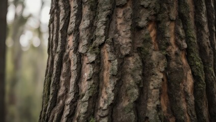 Obraz premium Close-up detail of a mature tree trunk with deeply textured bark; forest background blurred