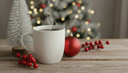 Mockup Warm coffee cup with steam, festive decorations, and cozy atmosphere