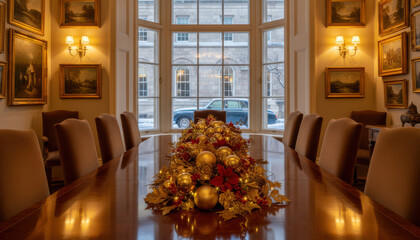 Christmas Tree and Office Workspace Theme, Beautifully decorated long wooden table adorned with festive ornaments and flowers