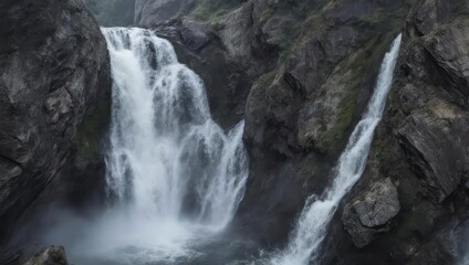 Obraz premium Cascading water plunges through rocky cliffs in a dramatic scene of nature's power