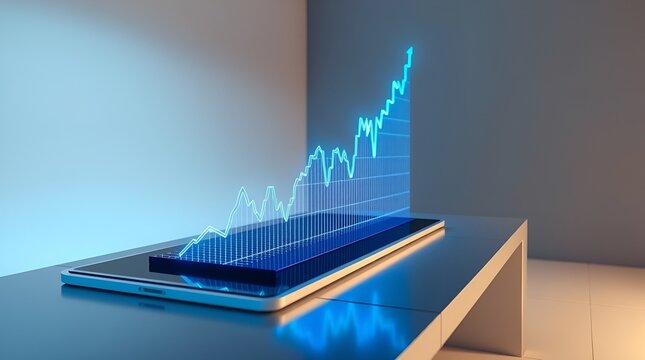 An upward trending blue line graph displays on a tablet, indicating success and growth.