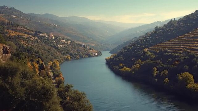 River flows through a valley with tiered hillsides hazy distance