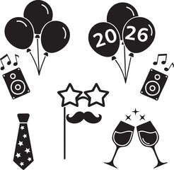 2026 New Year Party Icons with Balloons, Music, Glasses, and Decorations