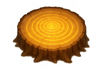 Tree stump cross-section showing glowing magical light rings, an ancient wood pedestal with energy patterns