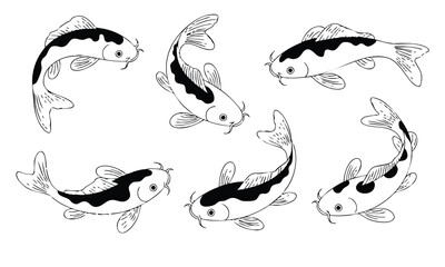 Black and White Hand-Drawn Koi Fish Set, 