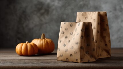 Two brown paper gift bags with handles and pumpkin decorations on a rustic wooden surface against a textured gray background for autumn or fall themed celebrations