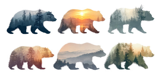 Artistic Silhouettes of Bears with Scenic Nature Backgrounds in Various Colors