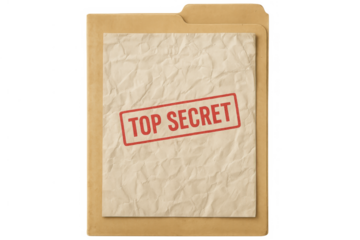 Top secret document file with confidential information stamp, uncovering classified data and sensitive records, transparent background