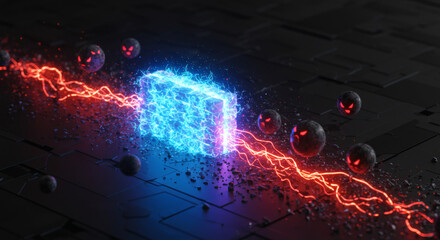 Abstract digital scene depicting a glowing blue energy core emitting intense red lightning bolts as menacing dark entities approach