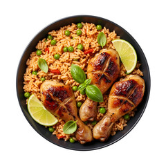 Grilled Chicken Drumsticks Plate with Rice, Pea and Lime Top View Isolated