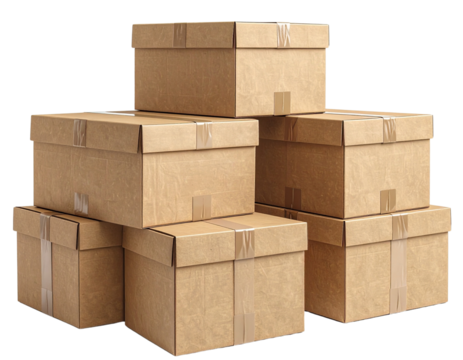 Stacked Brown Paper Boxes with Sealing Tape, Front View, Isolated on Transparent Background