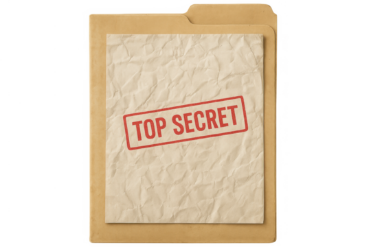 Top secret document file with confidential information stamp, uncovering classified data and sensitive records, transparent background