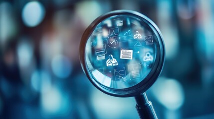 a magnifying glass symbolizing job search, with opportunity icons like resumes on blurred background