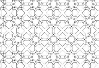 Islamic geometric pattern with stars, circles, and diamond grids. Symmetrical, monochrome design perfect for tiles, textiles, or luxury decorative backgrounds.
