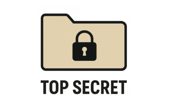 Confidential document folder with padlock and top secret text, protecting sensitive data and information, transparent background