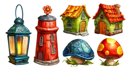 Colorful Fairy Tale Houses, Lantern, and Mushrooms on Transparent Background