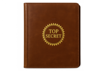 Brown leather top secret dossier with confidential information stamp, representing government security, privacy, and classified intelligence