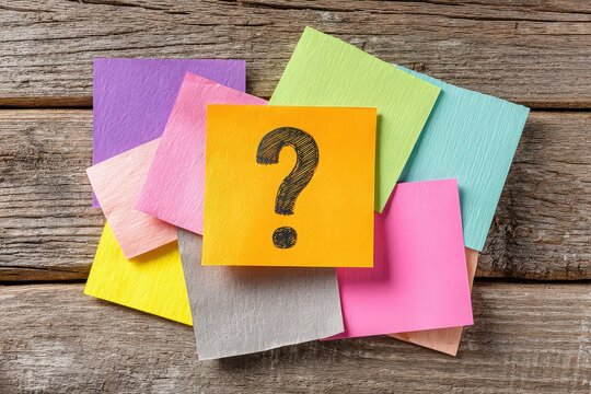 Colorful Sticky Notes Arrangement with Question Mark on Wooden Background