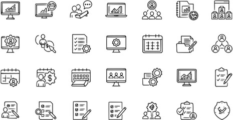Outline Icons Set: Data Analysis, Teamwork, Finance and Time Management. Linear Vector Symbols.