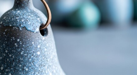 A ceramic bell with speckled blue glaze a brown leather strap and a round sound hole