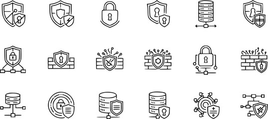 Firewall and Data Protection Outline Icon Set. Network Security, Antivirus, and Cybersecurity Linear Symbols.