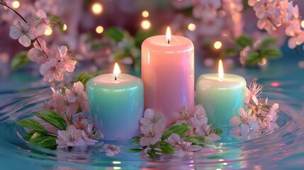 Tranquil Harmony: Lit Candles Surrounded by Delicate Blooms Floating on Serene Water, Creating a Peaceful Atmosphere of Natural Beauty