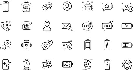 Communication and Technology Icons: Smartphone, Phone, Message, Battery, and More Vector Symbols