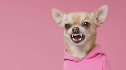 Angry chihuahua wearing pink hoodie on pink background with copy space for design.