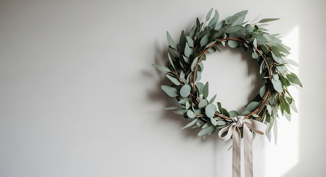 A circular eucalyptus wreath hangs on a wall with a light gray ribbon tied at the bottom