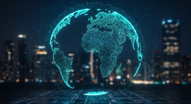 Futuristic digital Earth hologram illuminating a vibrant city skyline at night, symbolizing global technology, interconnected data networks, and the future of smart urban development - Powered by Adobe