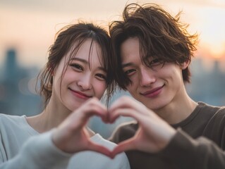 Japanese asian couple making heart shape with hands love romance relationship happiness joy