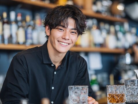Japanese smiling bartender drinks barman bar counter alcohol drinks service professional