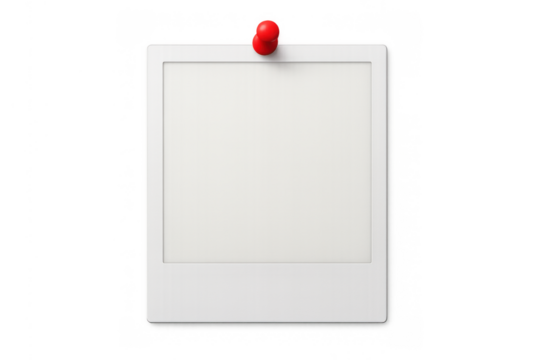 Blank instant frame with pushpin presenting memory and nostalgia concepts on transparent background