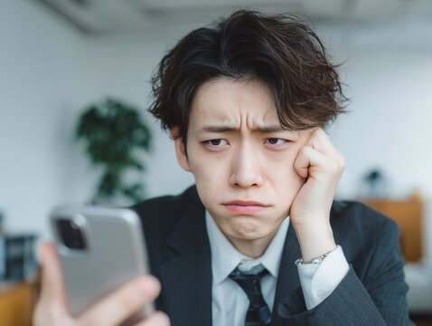 Japanese asian man looking at phone with unhappy expression in suit and tie close up view