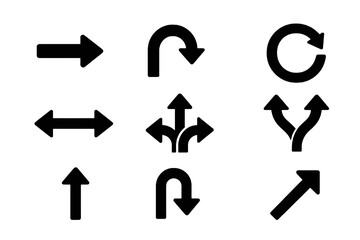 Black glyph vector icons of arrows and directional symbols including rotate, merge, and expand, perfect for interface, maps, and navigation design.