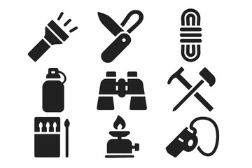 Set of 9 minimalist black solid icons showing essential camping and travel equipment such as stove, bottle, and binoculars, ideal for eco-tourism visuals.