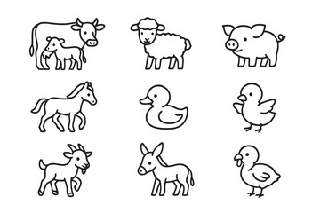 Set of 9 minimalist black icons showing young rural animals such as foal, chick, and duckling, ideal for veterinary, eco-design, and farming visuals.