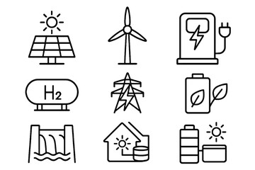 Black thin line vector icons of renewable energy and low emission systems like solar, wind, and EV charging, ideal for sustainability and engineering visuals.