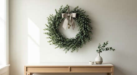 A eucalyptus wreath adorns a wall above a table with a vase and small dish creating a simple yet elegant scene