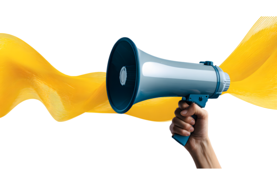 A hand holding a megaphone, viewed from the side, is isolated on a transparent background