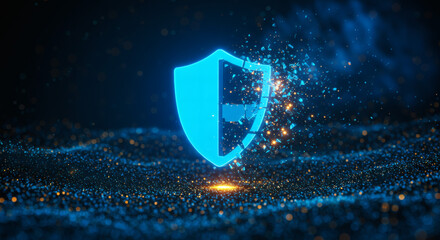 Dynamic digital shield icon signifying data protection and cybersecurity challenges in a vulnerable network landscape, highlighting security breaches and system integrity risks