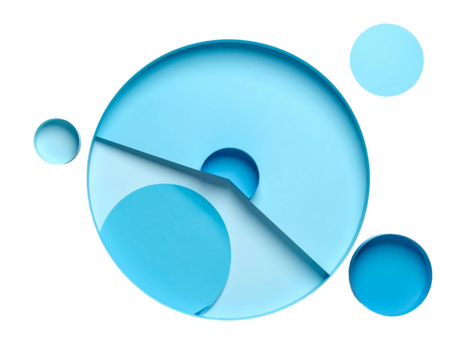 Abstract, geometric composition with light blue circles and planes against black, creating depth and visual interest