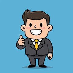 Funny cartoon businessman character vector illustration of a smiling office worker in a suit and tie giving a thumbs up sign