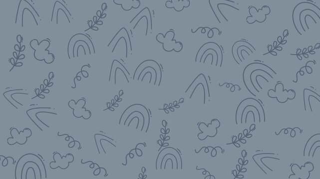 Doodle art with rainbows, clouds, leaves, and squiggly lines suitable for childrens books, education materials, and creative projects
