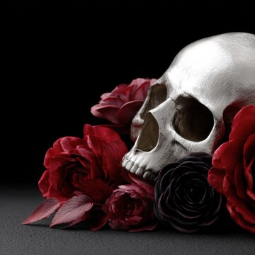 Elegant human skull surrounded by deep red and black roses on a dark textured background for gothic, Halloween, or artistic themed imagery