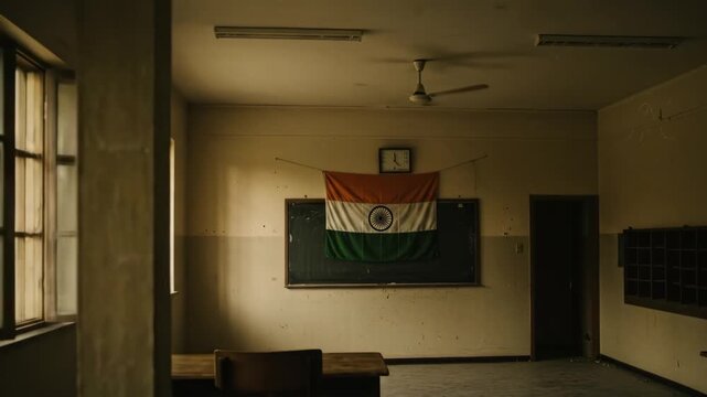 Empty Classroom in India with National Flag (Tiranga) Hanging on Blackboard, symbolizing education, history, and abandonment.