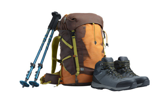 Hiking backpack, hiking boots, and walking poles isolated on a transparent background