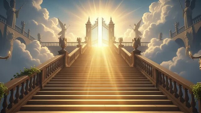 Stairway to heaven majestic gates bathed in golden light, flanked by angelic statues and clouds